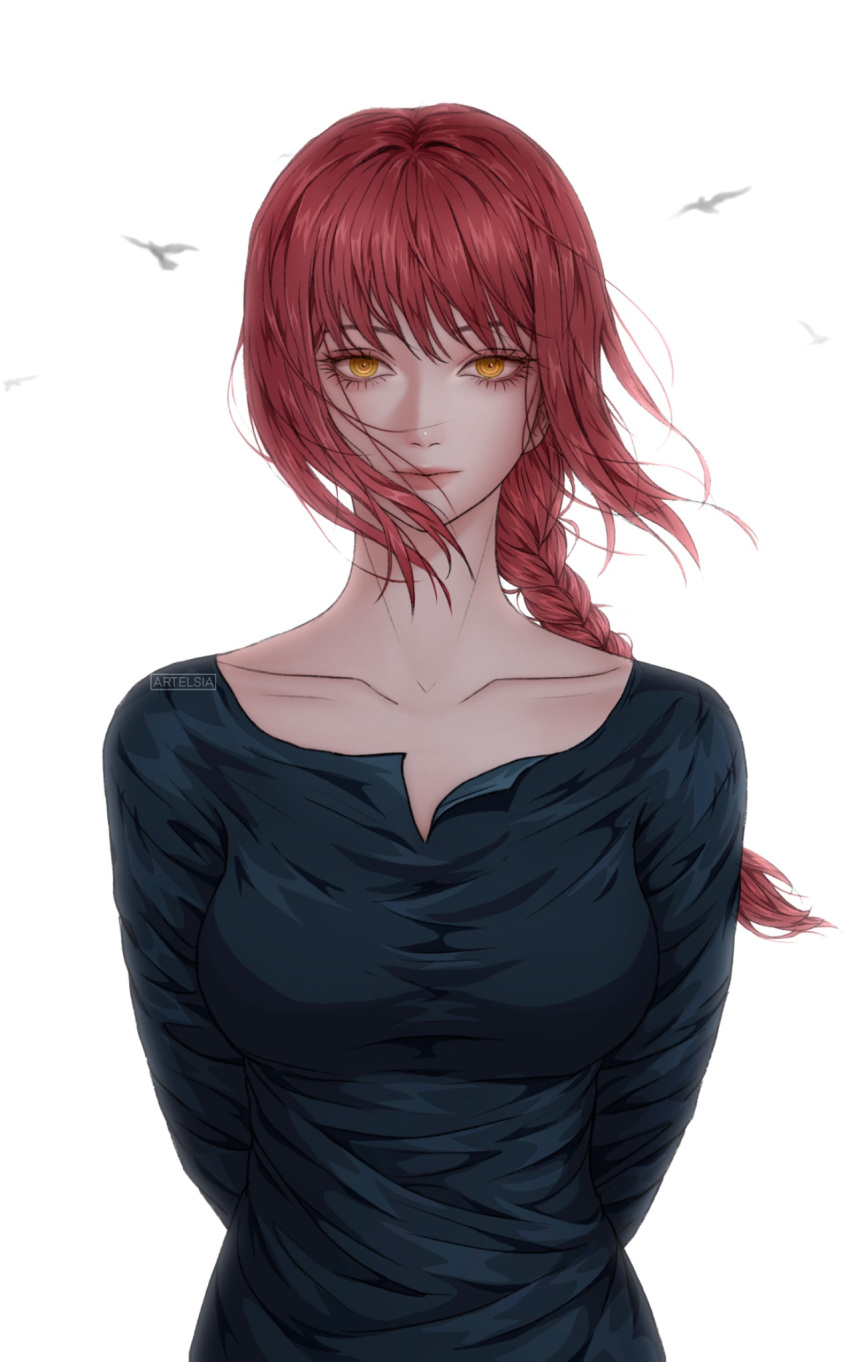 1girl, artelsia, black_dress, braid, braided_ponytail, chainsaw_man, collarbone, dress, highres, long_hair, looking_at_viewer, makima_(chainsaw_man), redhead, ringed_eyes, simple_background, solo, upper_body, white_background, yellow_eyes