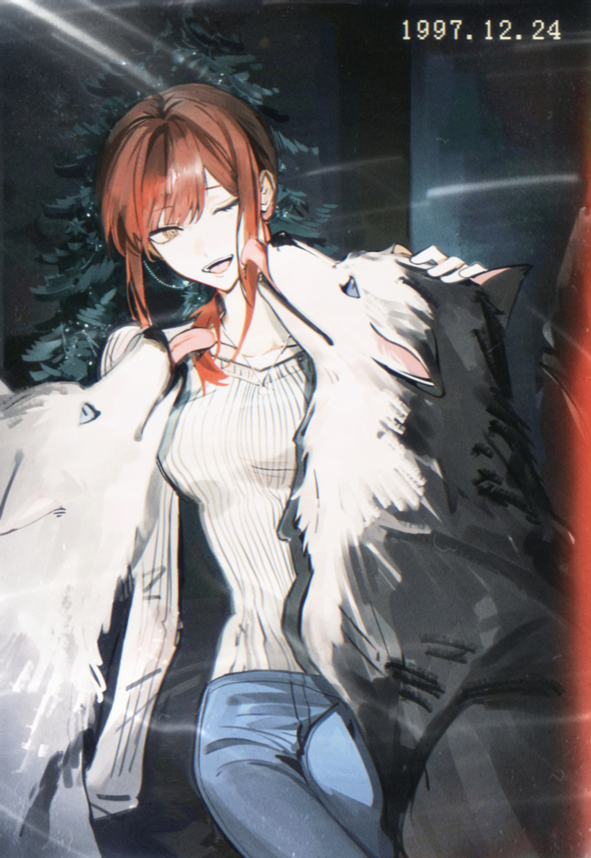 1girl, ;d, absurdres, animal, black_fur, blue_eyes, blue_pants, breasts, casual, chainsaw_man, chinese_commentary, collarbone, commentary_request, dark_background, denim, dog, eye_contact, hand_on_another's_head, highres, husky, jeans, licking, licking_another's_face, looking_at_animal, looking_at_another, low_ponytail, makima_(chainsaw_man), medium_breasts, mkmwyydlp, one_eye_closed, pants, pet, pinstripe_pattern, raised_eyebrows, redhead, ringed_eyes, sidelocks, smile, sweater, timestamp, two-tone_fur, white_fur, white_sweater, yellow_eyes