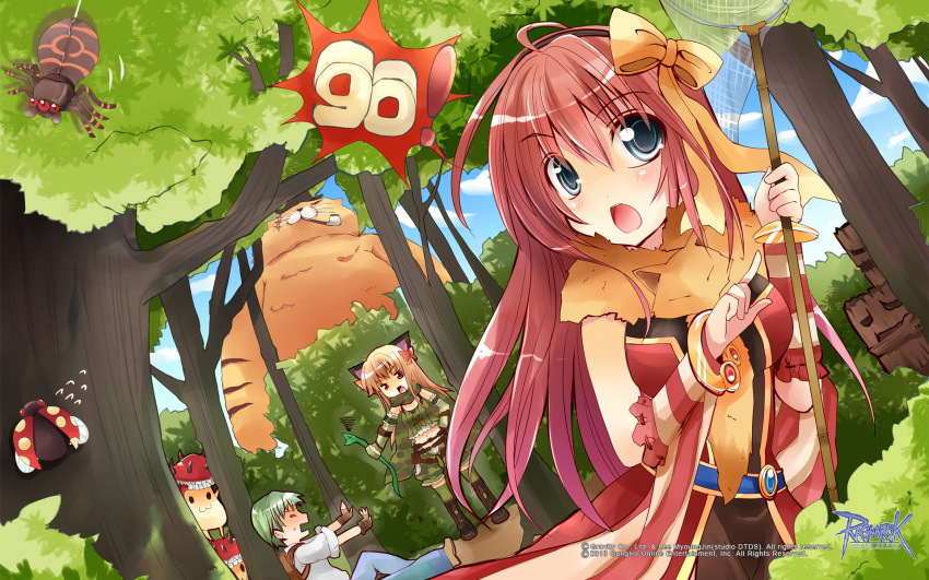 1boy, 2girls, :3, =_=, animal_around_neck, animal_ears, argos_(ragnarok_online), belt