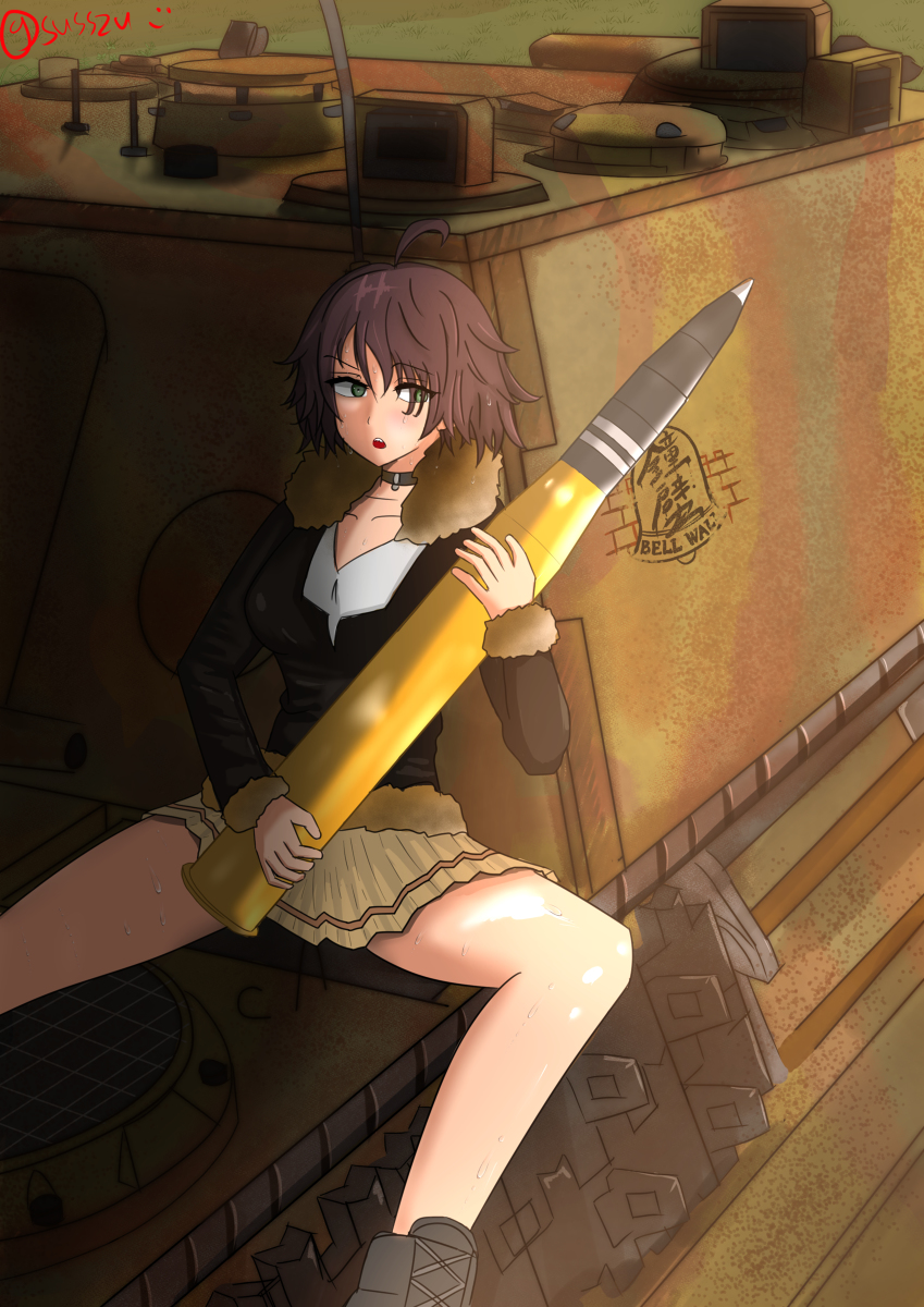 1girl, ahoge, ammunition, artillery_shell, bare_legs, bellwall_(logo), bellwall_military_uniform, black_choker