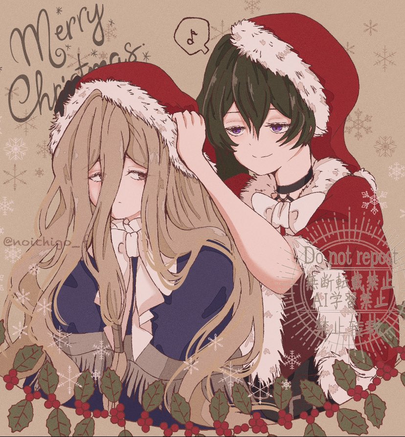 2girls, artist_name, black_choker, bow, brown_eyes, brown_hair, capelet, choker