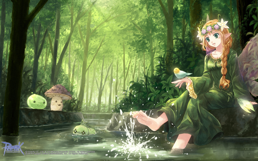 1girl, :3, animal_on_head, barefoot, bird, bird_on_head, blonde_hair, blush