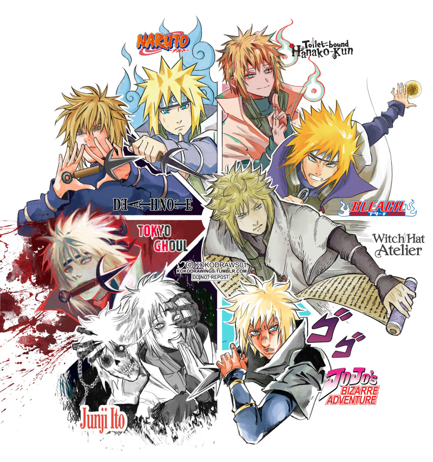 1boy, absurdres, bleach, blonde_hair, blood, blood_from_mouth, blue_eyes, clenched_teeth, closed_mouth, death_note, highres, hitodama, holding, holding_weapon, itou_junji_(style), jibaku_shounen_hanako-kun, jojo_no_kimyou_na_bouken, kokodrawings, kuji-in, kunai, male_focus, multiple_views, namikaze_minato, naruto_(series), naruto_shippuuden, parody, spiky_hair, style_parody, teeth, tokyo_ghoul, tongari_boushi_no_atelier, weapon