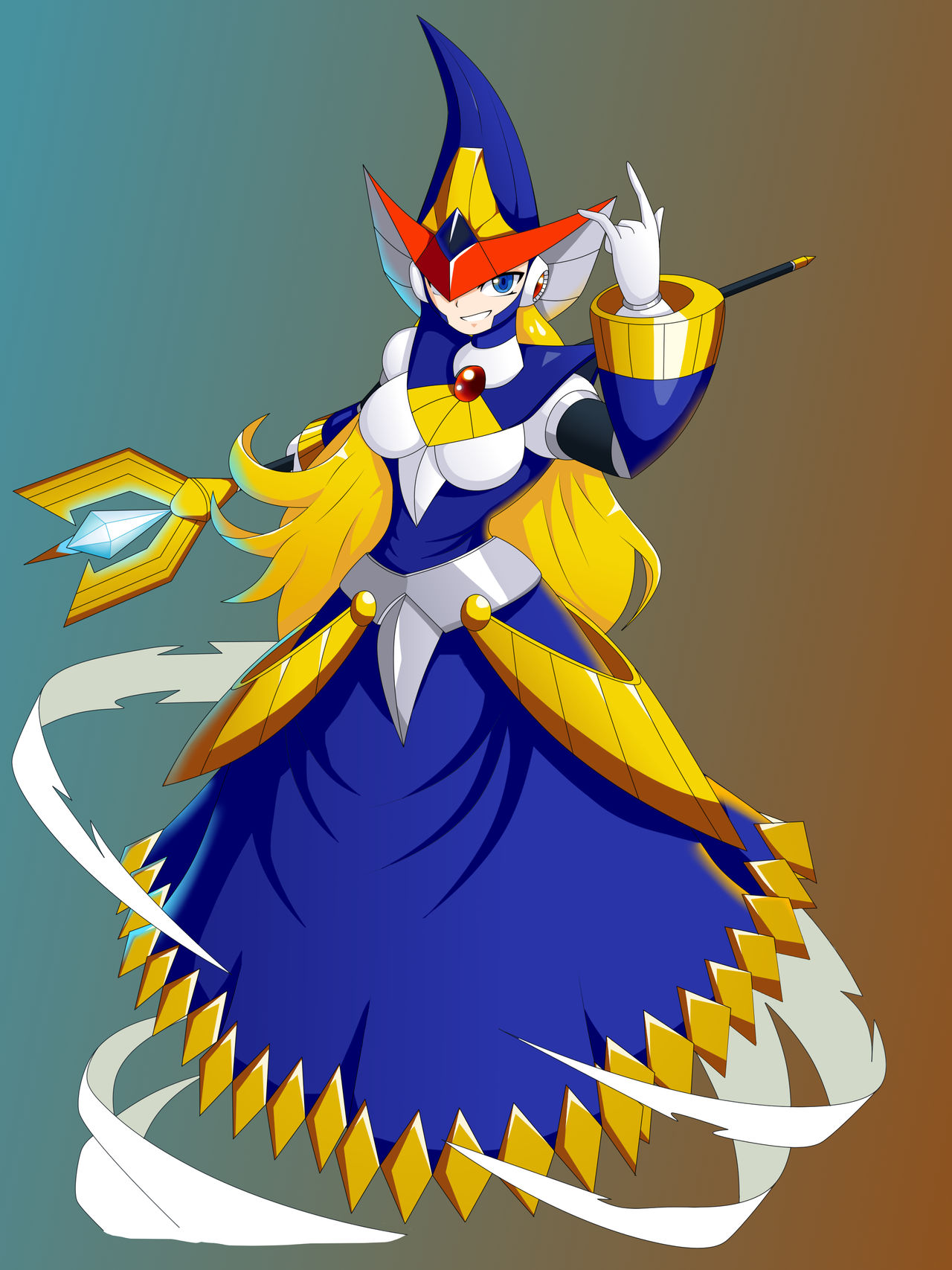 1girl, arm_up, armor, armored_dress, armored_gloves, artist_request, berkana_(mega_man), blonde_hair, blue_dress, blue_eyes, blue_hat, breasts, chest_jewel, dress, earphones, glasses, gloves, hat, helmet, highres, holding, holding_staff, joints, long_dress, long_hair, looking_at_viewer, mechanical_arms, mega_man_(series), mega_man_x_(series), mega_man_xtreme, mega_man_xtreme_2, mrlucke09, robot, robot_girl, robot_joints, shoulder_armor, smile, solo, staff, white_gloves, witch, witch_hat