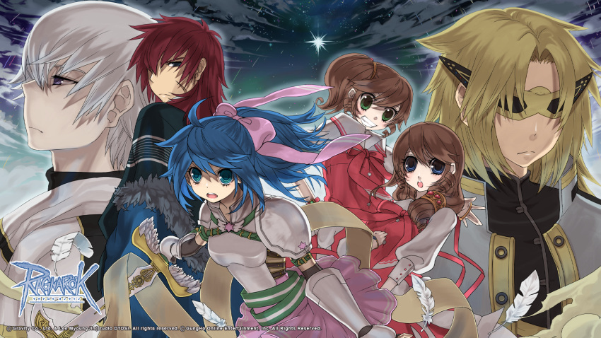 3boys, 3girls, airi_(ragnarok_online), armor, arugoru, aruna_(ragnarok_online), belt, black_shirt