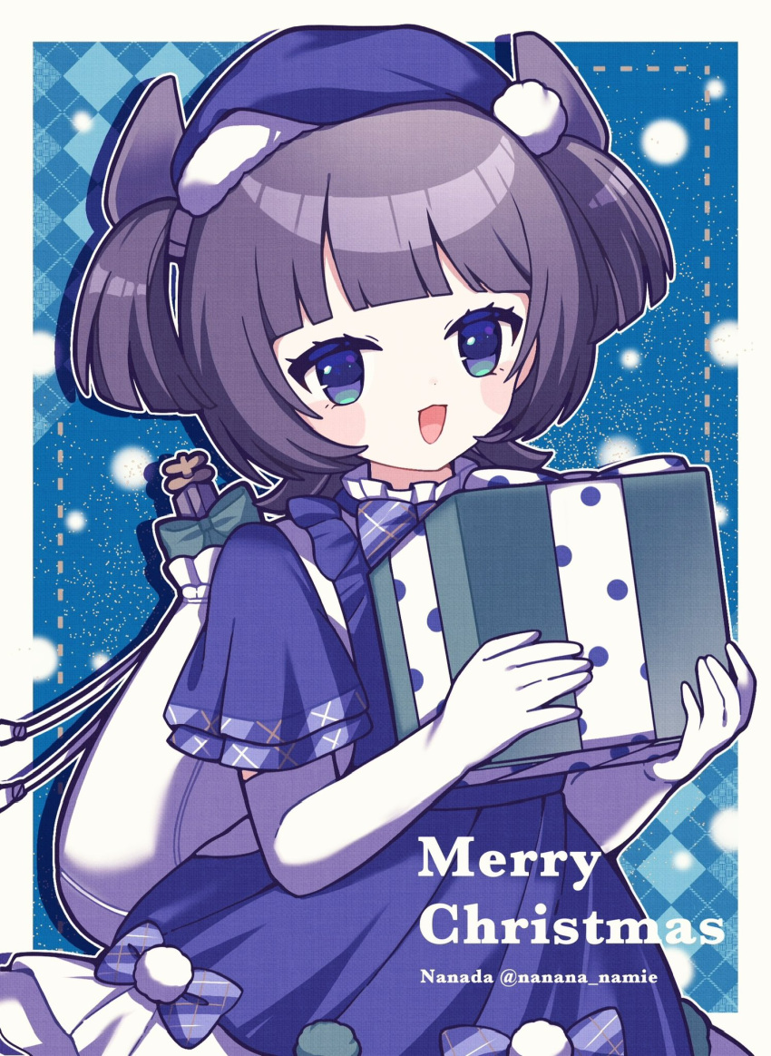1girl, artist_name, blue_bow, blue_dress, blue_eyes, blue_hat, blunt_bangs, blush
