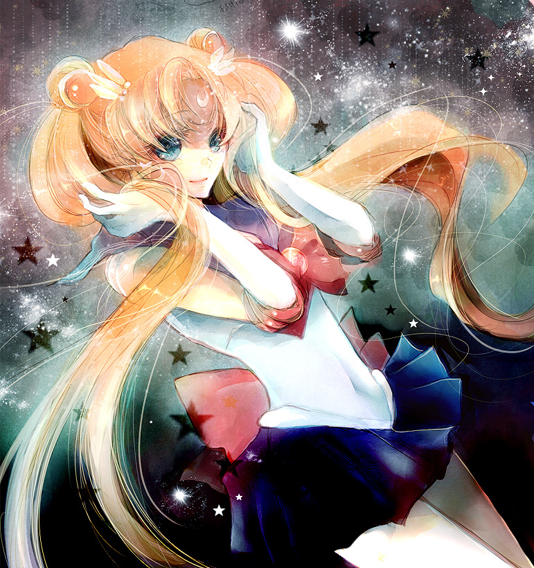bishoujo_senshi_sailor_moon, blonde_hair, blue_eyes, choker, crescent, crescent_moon, dolcexxx, elbow_gloves, facial_mark, forehead_mark, gloves, long_hair, magical_girl, moon, sailor_moon, sailor_senshi, solo, star, tsukino_usagi, twintails