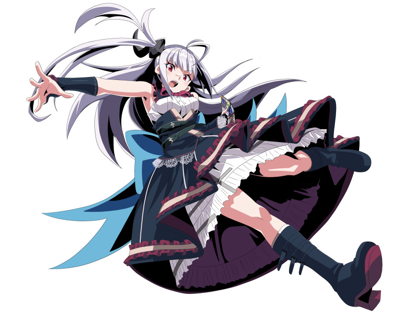 1girl, absurdres, black_dress, black_footwear, blue_bow, bow, buttons, card, dress, duel_masters, duel_masters_play's, full_body, grey_hair, highres, holding, holding_card, long_hair, luca_(duel_masters), open_mouth, petticoat, playing_card, red_eyes, shirt, side_ponytail, simple_background, sleeveless, sleeveless_shirt, solo, transparent_background, very_long_hair, waist_bow, white_shirt, zeke_(analogmon)