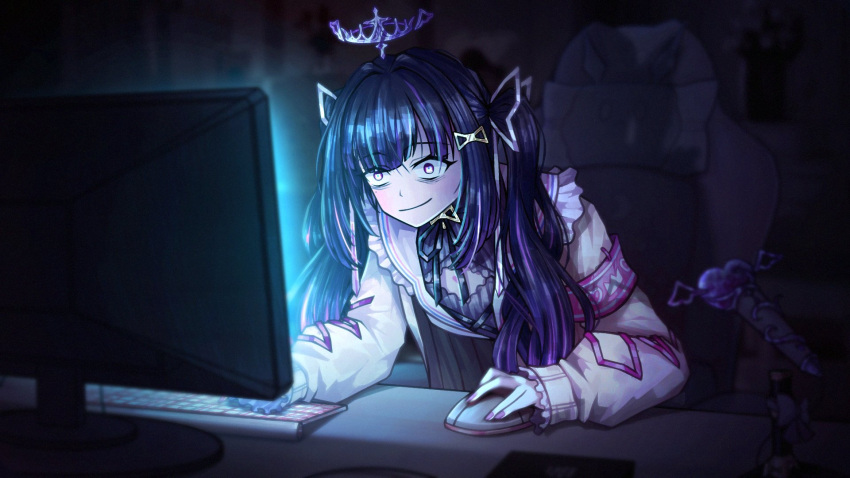 1girl, blue_hair, chair, closed_mouth, commission, computer_keyboard, computer_mouse, floating
