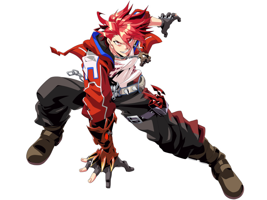 1boy, absurdres, belt, black_gloves, black_pants, brown_footwear, duel_masters, duel_masters_play's, fingerless_gloves, full_body, gears, glen_(duel_masters), gloves, grey_belt, grimace, highres, jacket, long_sleeves, looking_at_viewer, male_focus, pants, red_jacket, shirt, short_hair, simple_background, solo, spiked_belt, translation_request, white_shirt, zeke_(analogmon)