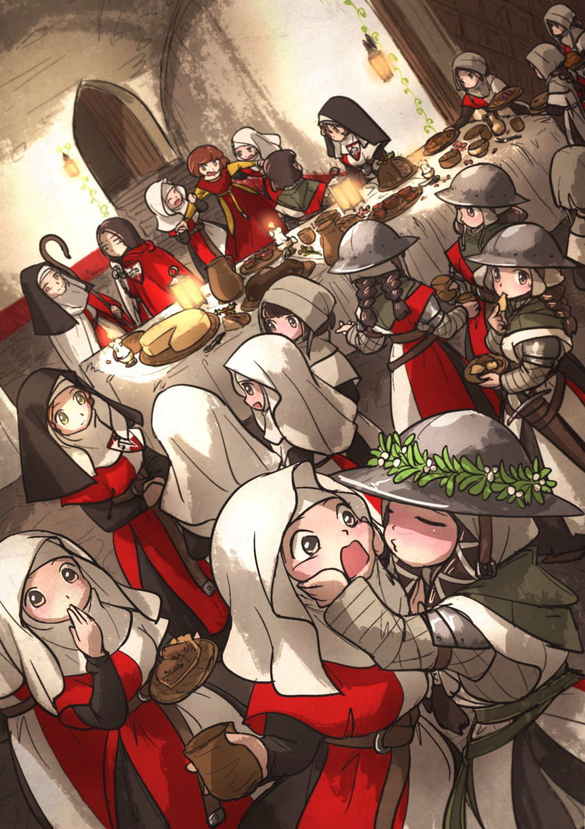 6+girls, armor, balance_scale_print, belt, black_vest, blush, bowl, bread