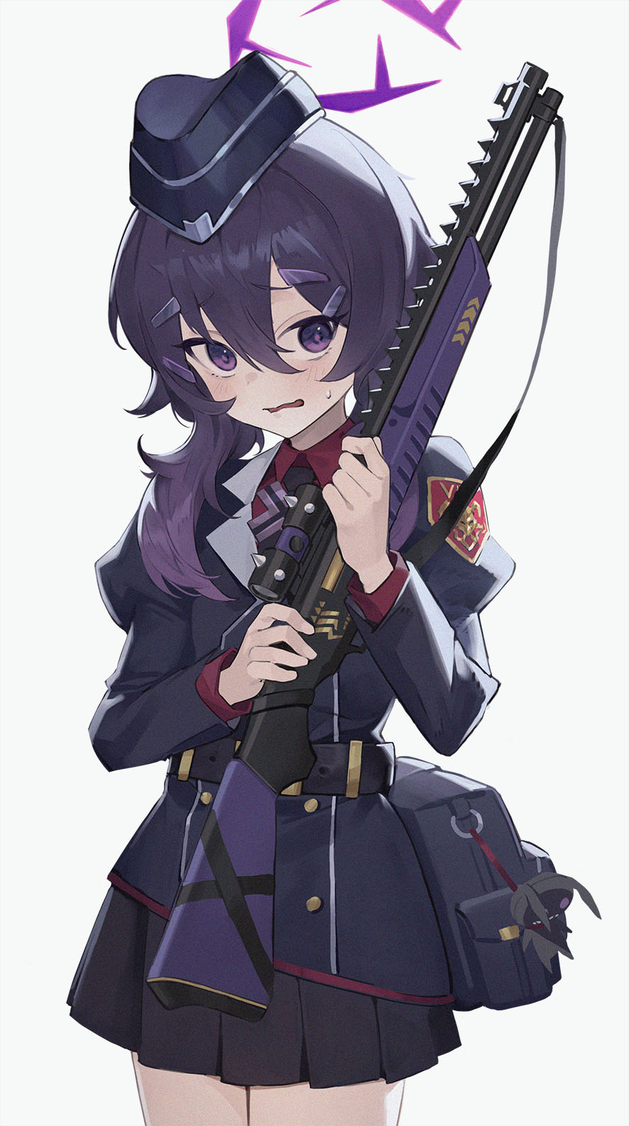 1girl, black_hat, black_skirt, blue_archive, blush, fabarm_fp6, garrison_cap, grey_background, gun, halo, hare_(yamihuji), haruka_(blue_archive), hat, highres, holding, holding_gun, holding_weapon, looking_at_viewer, pump_action, purple_hair, purple_halo, shotgun, sidelocks, simple_background, skirt, solo, standing, violet_eyes, weapon