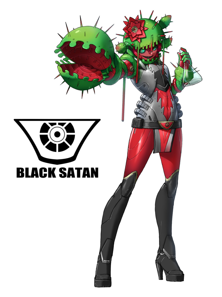 1girl, belt, belt_buckle, black_belt, black_footwear, black_sclera, bodysuit, boots, buckle, carnivorous_plant, colored_sclera, colored_skin, colored_teeth, commentary, covered_navel, crazy_eyes, cyborg, eidenjyou1997, emblem, english_commentary, erlenmeyer_flask, flask, full_body, genderswap, genderswap_(mtf), green_eyes, high_heel_boots, high_heels, highres, holding, holding_flask, kamen_rider, kamen_rider_stronger_(series), kikkaijin_mousengoke, knee_boots, looking_at_viewer, monster_girl, open_mouth, pelvic_curtain, plant, plant_girl, reaching, reaching_towards_viewer, red_bodysuit, red_skin, red_teeth, sharp_teeth, simple_background, solo, spikes, standing, teeth, white_background