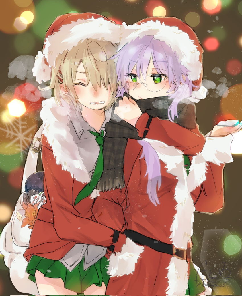 2girls, blonde_hair, christmas, dometan0_0, dress, fur-trimmed_dress, fur_trim, glasses