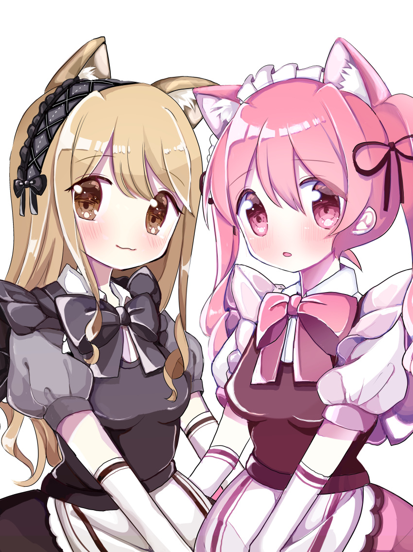2girls, :3, absurdres, animal_ear_fluff, animal_ears, apron, black_bow, black_bowtie