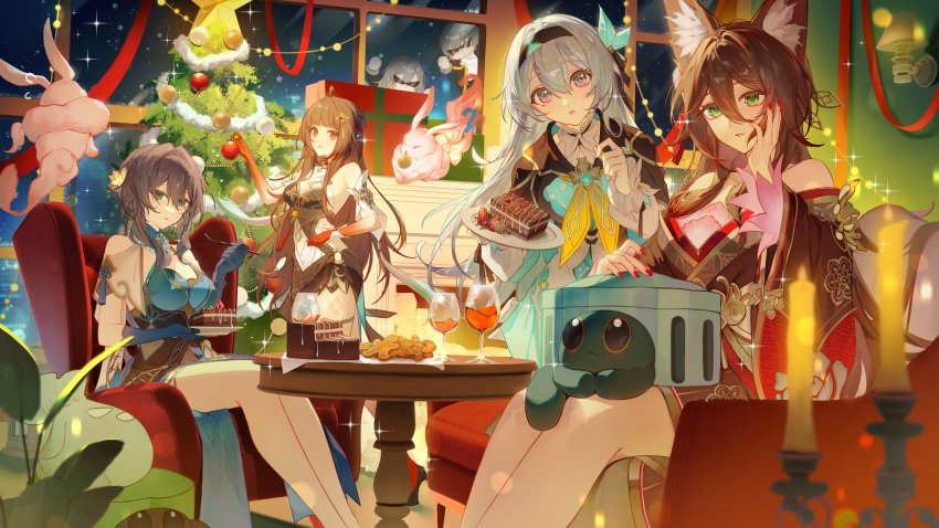 1boy, 5girls, absurdres, animal_ear_fluff, animal_ears, blue_eyes, blue_gloves, box
