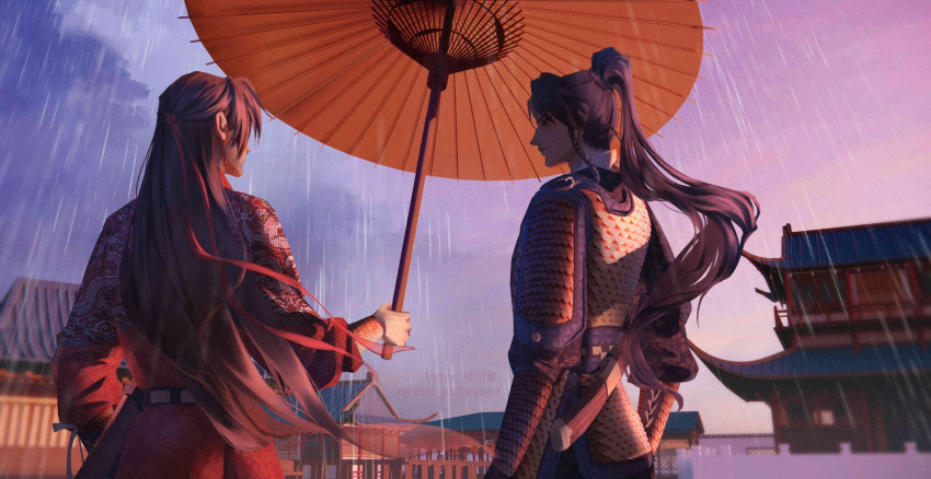 2boys, architecture, armor, artist_name, blurry, braid, brown_eyes, brown_hair, building, chinese_armor, chinese_clothes, closed_mouth, clouds, cowboy_shot, day, earrings, east_asian_architecture, fence, hair_ribbon, half_updo, hanfu, high_ponytail, highres, holding, holding_umbrella, jewelry, juchuanye, long_sleeves, looking_at_another, male_focus, multiple_boys, oil-paper_umbrella, outdoors, qiang_jin_jiu, rain, red_hanfu, red_ribbon, red_umbrella, ribbon, shen_lanzhou, standing, sword, umbrella, weapon, wind, wind_lift, xiao_chiye
