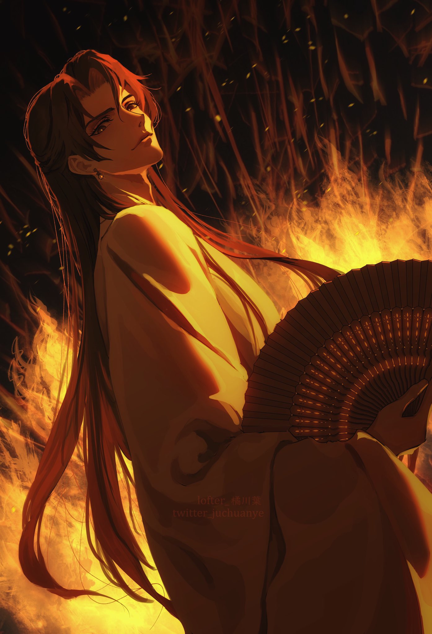 1boy, artist_name, brown_eyes, brown_hair, chinese_clothes, chinese_commentary, closed_mouth, earrings, fire, folding_fan, hand_fan, hanfu, highres, holding, holding_fan, jewelry, juchuanye, long_hair, long_sleeves, looking_at_viewer, male_focus, qiang_jin_jiu, shen_lanzhou, smile, solo, upper_body, wide_sleeves