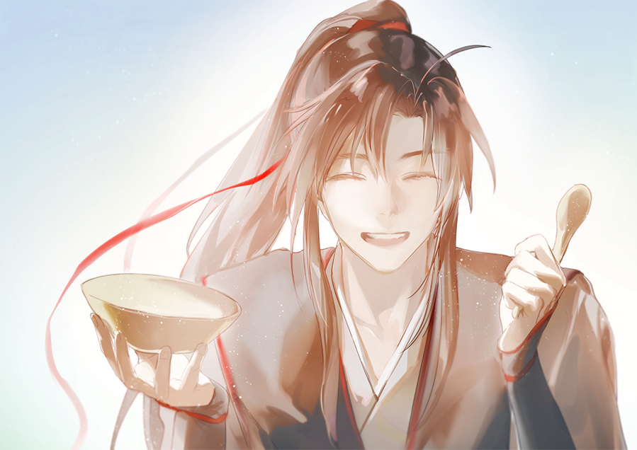 1boy, black_hair, black_hanfu, bowl, chinese_clothes, closed_eyes, hair_ribbon, hanfu