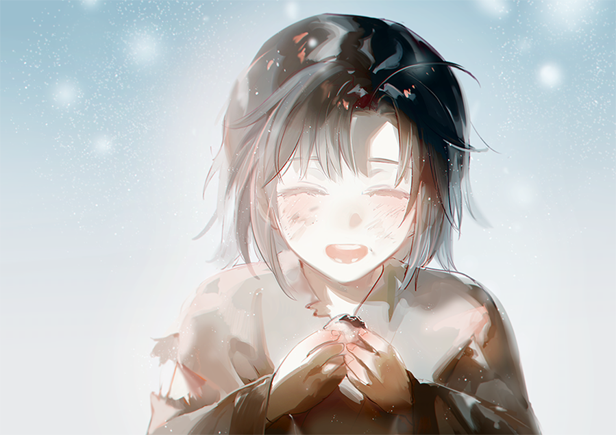 1boy, black_hair, brown_robe, closed_eyes, dirty, dirty_clothes, dirty_face, food