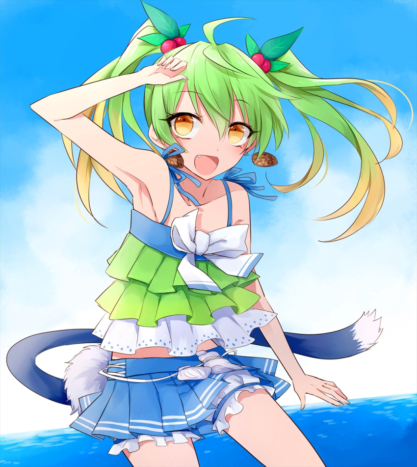 1girl, ahoge, alternate_skin_color, arm_up, armpits, bare_shoulders, beach, child