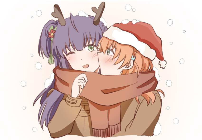 2girls, ;d, blush, brown_coat, brown_scarf, cerise_bouquet, coat, commentary