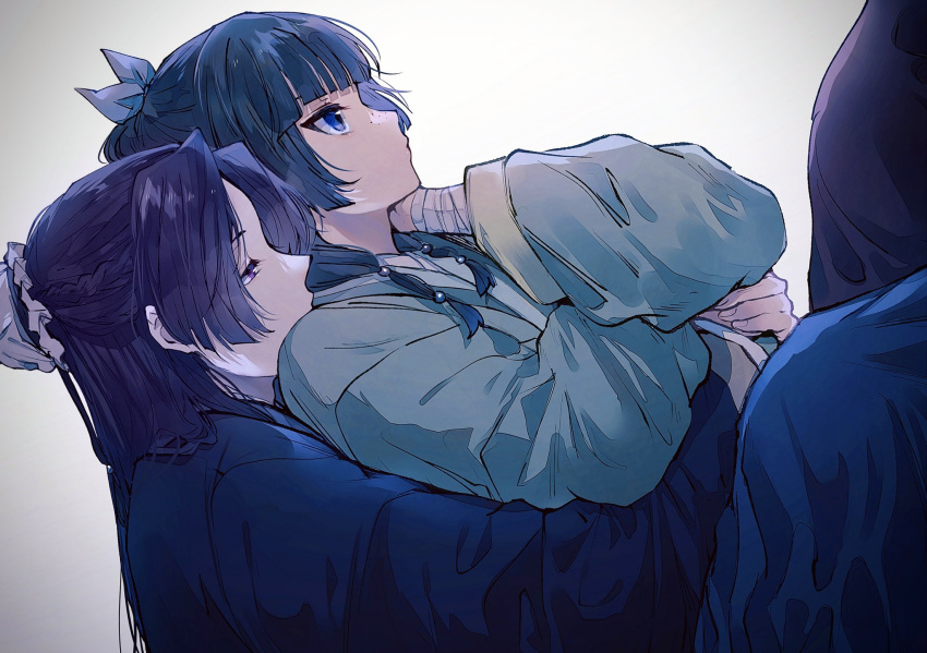 1boy, 1girl, arms_around_waist, beads, blue_eyes, blunt_bangs, bow, bun_cover