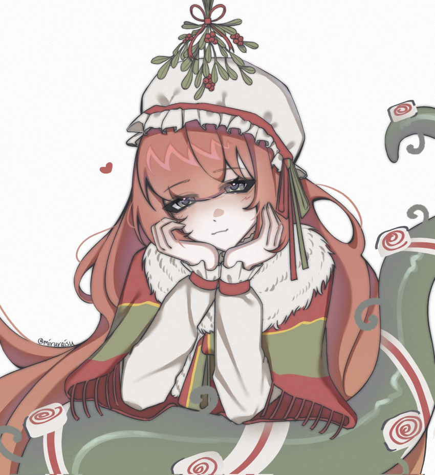 1girl, :3, christmas_nightmare_(e.g.o), elbow_rest, frilled_hat, frills, fringe-trimmed_cape, fur_scarf