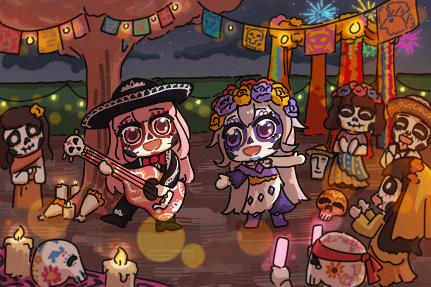 6+others, bing_huyue, bow, bowtie, candle, chibi, clapping, dancing