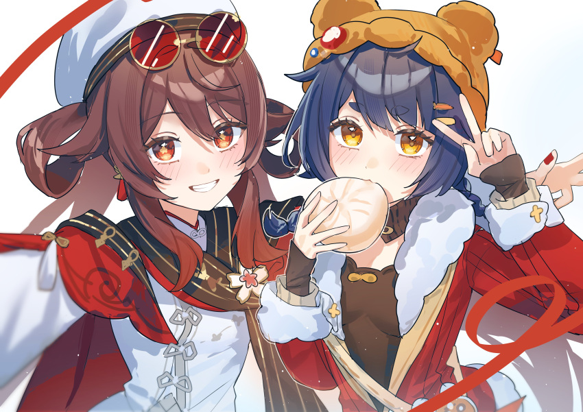 2girls, absurdres, baozi, blue_hair, blush, braid, brown_hair, chinese_clothes