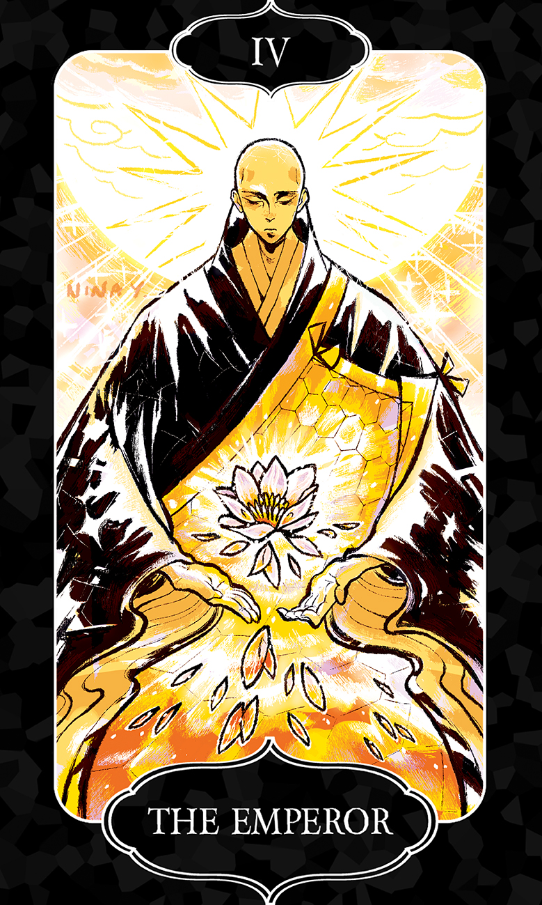 1boy, bald, black_border, border, card_(medium), closed_eyes, expressionless, floating_flowers