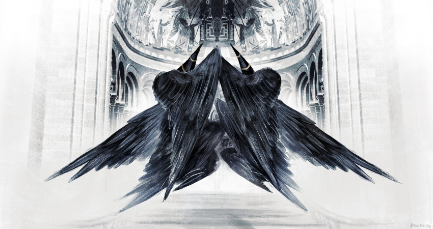 black_wings, cathedral, eyeball_(yui930), feathered_wings, highres, horns, monster, no_humans