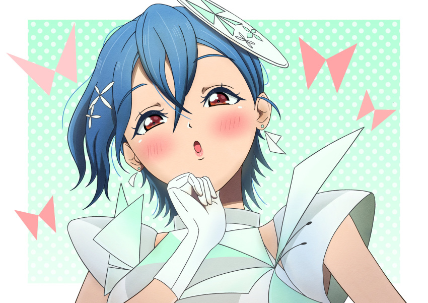 1girl, :o, absurdres, blue_hair, blush, border, commentary, crossed_bangs