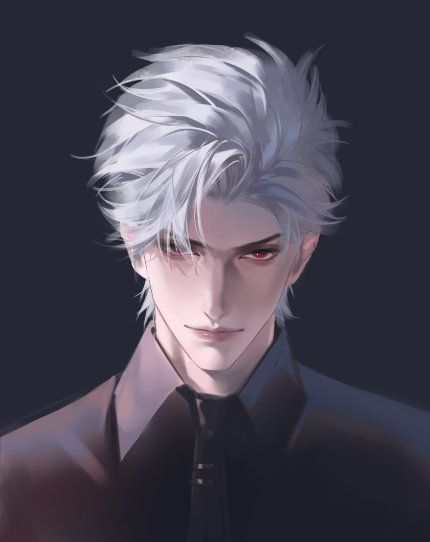 1boy, absurdres, black_background, black_necktie, black_shirt, closed_mouth, collared_shirt, highres