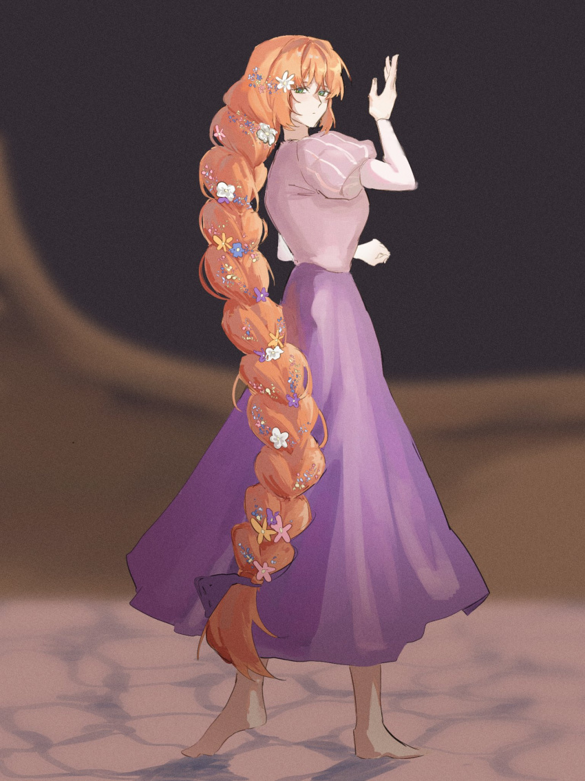 1girl, barefoot, braid, brown_background, clenched_hand, cosplay, disney, flower