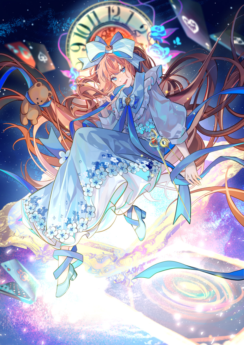 1girl, :d, absurdres, baby_blue, bear_hair_ornament, blue_background, blue_bow, blue_bowtie