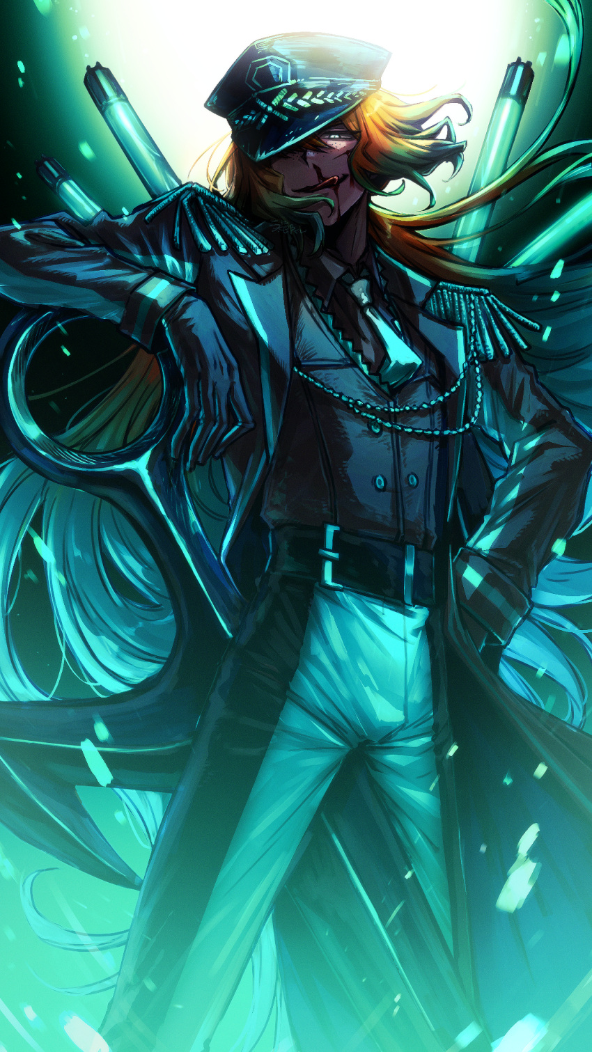 1boy, aiguillette, aqua_hair, aqua_necktie, arm_rest, black_gloves, black_hat, black_shirt, blind_obsession_(e.g.o), blood, collared_shirt, colored_tips, cowboy_shot, e.g.o_(project_moon), epaulettes, fluorescent_lamp, freckles, genderswap, genderswap_(ftm), gloves, glowing, glowing_eyes, gradient_hair, hand_on_own_hip, hat, highres, ishmael_(project_moon), lapels, licking_lips, limbus_company, long_sleeves, looking_at_viewer, male_focus, multicolored_hair, necktie, nosebleed, orange_hair, pants, peaked_cap, project_moon, recursive_genderswap, shirt, solo, tongue, tongue_out, two-tone_pants, unitaroukun