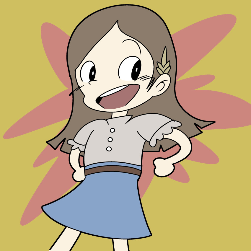 1girl, absurdres, belt, black_eyes, blue_skirt, blush, brown_belt, brown_hair