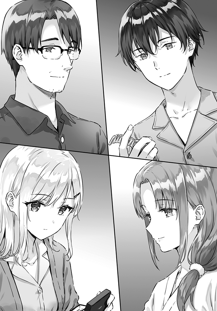 2boys, 2girls, asamura_taichi, asamura_yuuta, ayase_akiko, ayase_saki, beard_stubble, closed_mouth, collarbone, collared_shirt, commentary_request, facial_hair, family, gimai_seikatsu, glasses, greyscale, hair_ornament, hairclip, hiten_(hitenkei), holding, long_hair, monochrome, multiple_boys, multiple_girls, novel_illustration, official_art, over-rim_eyewear, second-party_source, semi-rimless_eyewear, shirt, short_hair, stubble