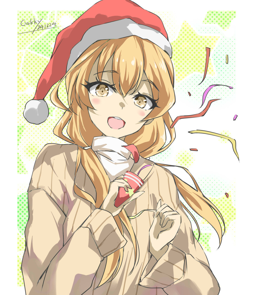 1girl, abukuma_(kancolle), abukuma_(round_one)_(kancolle), blonde_hair, brown_sweater, commentary_request, fur-trimmed_headwear, fur_trim, gakky, hat, highres, kantai_collection, long_hair, low_twintails, official_alternate_costume, official_alternate_hairstyle, one-hour_drawing_challenge, open_mouth, party_popper, red_hat, ribbed_sweater, round_one, round_teeth, santa_hat, solo, sweater, teeth, twintails, upper_body, upper_teeth_only, yellow_eyes