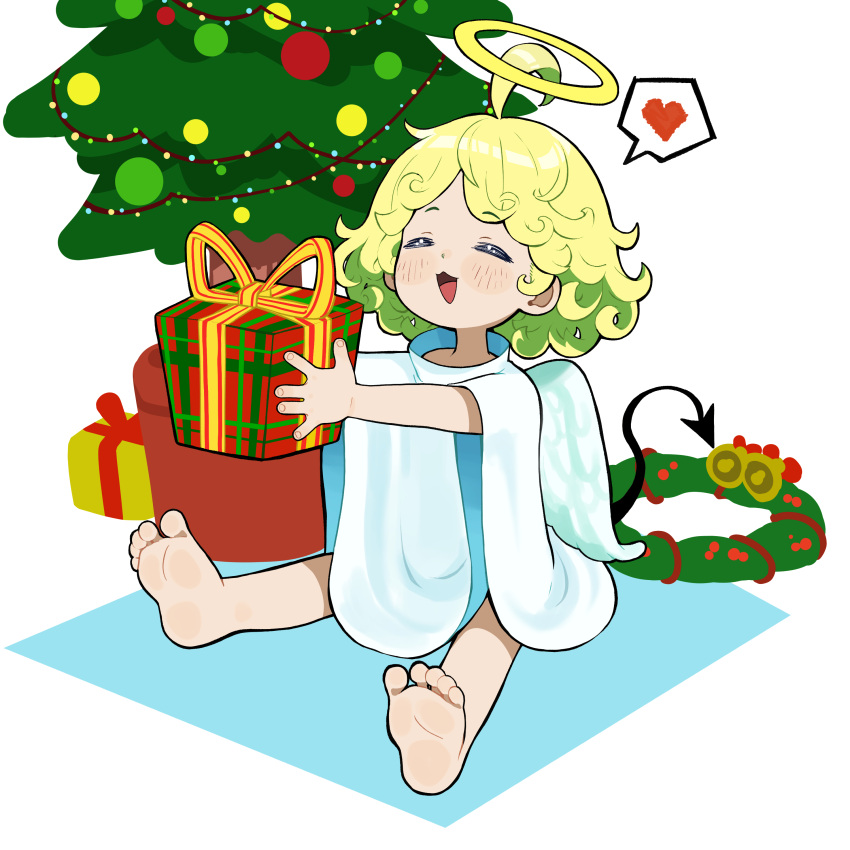 1girl, =_=, absurdres, ahoge, angel, angel_wings, barefoot, blonde_hair