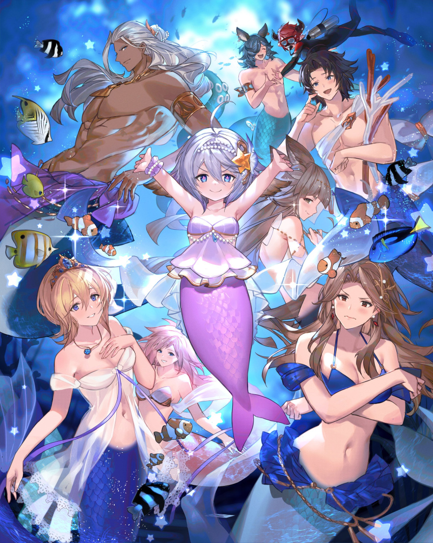 3boys, 6+girls, absurdres, ahoge, animal_ears, bikini, bikini_top_only, black_hair