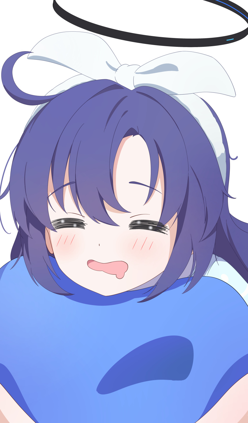 1girl, =_=, absurdres, blue_archive, blue_shirt, closed_eyes, fortysansan, hairband