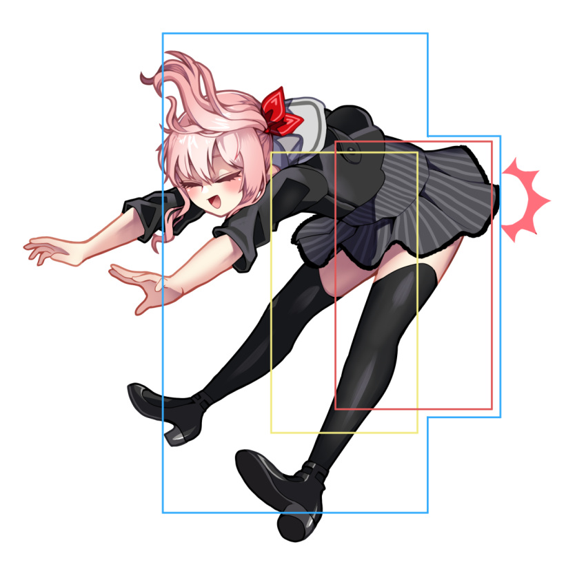 1other, :d, akiyama_mizuki, bent_over, black_footwear, black_shirt, black_thighhighs, blush