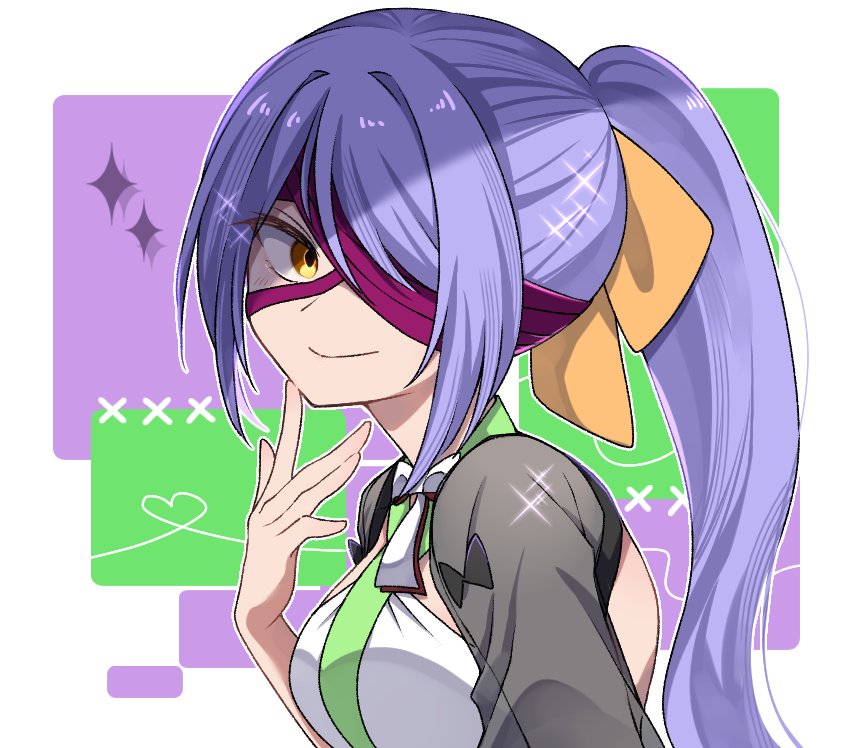 1girl, bandage_over_one_eye, bow, bowtie, hair_bow, hanami_zatta, long_hair, ponytail