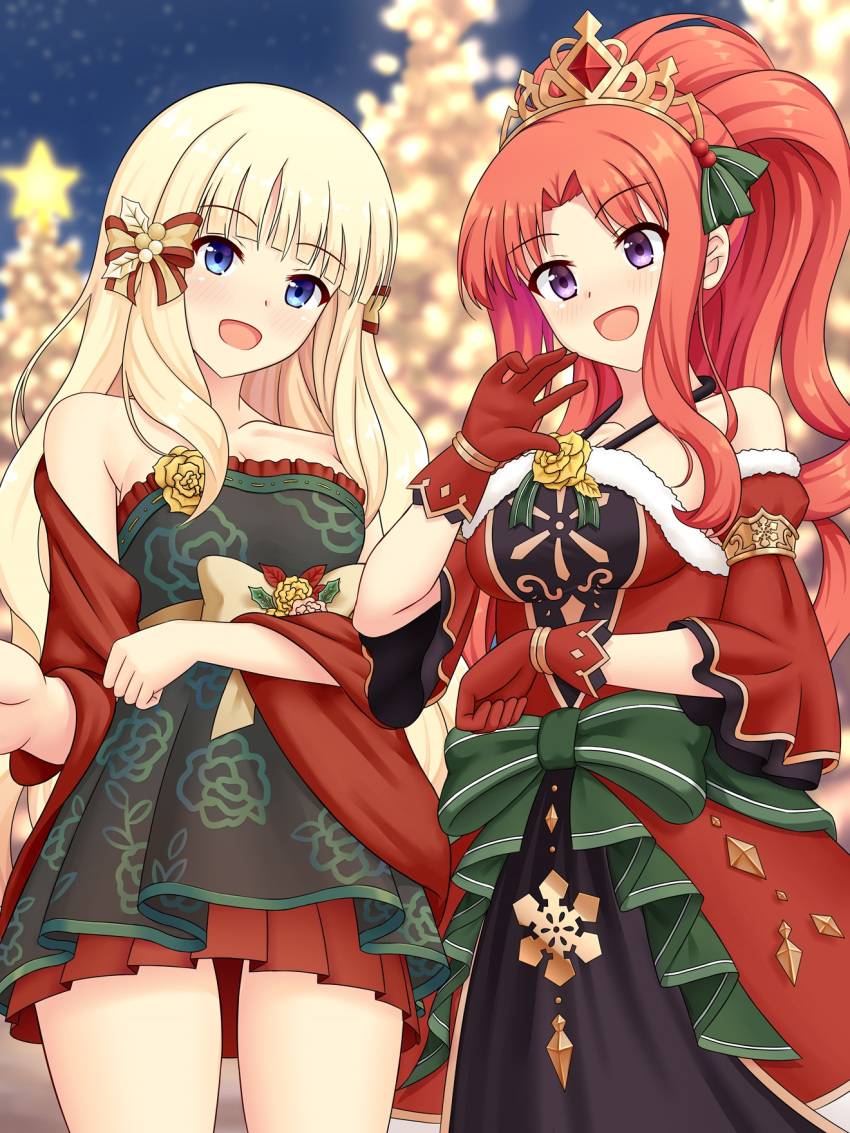 2girls, akino_(christmas)_(princess_connect!), akino_(princess_connect!), bare_shoulders, blonde_hair, blue_eyes, bow, breasts