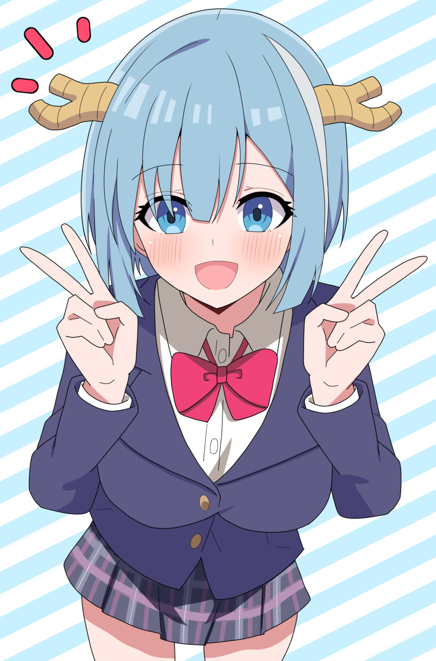 1girl, :d, absurdres, blue_eyes, blue_hair, blue_jacket, blush, bow
