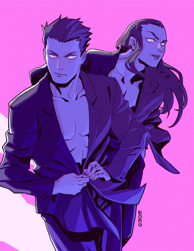 2boys, abs, artist_name, basilio_(trese), black_coat, black_hair, black_pants, borgdraws, buttoning, closed_mouth, coat, crispin_(trese), english_commentary, long_hair, looking_to_the_side, male_focus, multiple_boys, muscular, muscular_male, open_mouth, pale_skin, pants, pectoral_cleavage, pectorals, pink_background, siblings, smile, swept_bangs, trese, twins