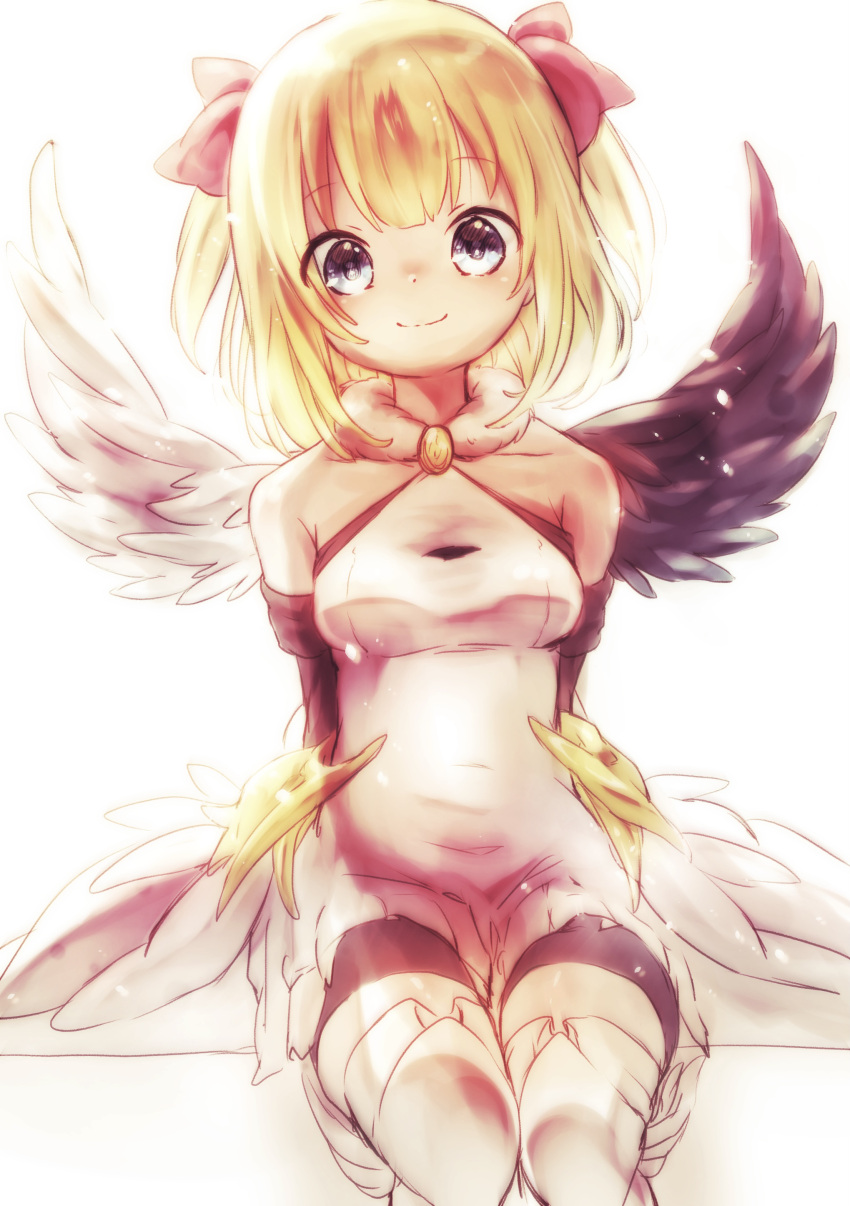 1girl, absurdres, asymmetrical_wings, bike_shorts, black_wings, blonde_hair, blue_eyes, boots, bow, dress, hair_bow, highres, looking_at_viewer, marl_(shironeko_project), minoru_(jokerrabbit0729), mismatched_wings, red_bow, shironeko_project, smile, solo, two_side_up, white_dress, white_wings, wings