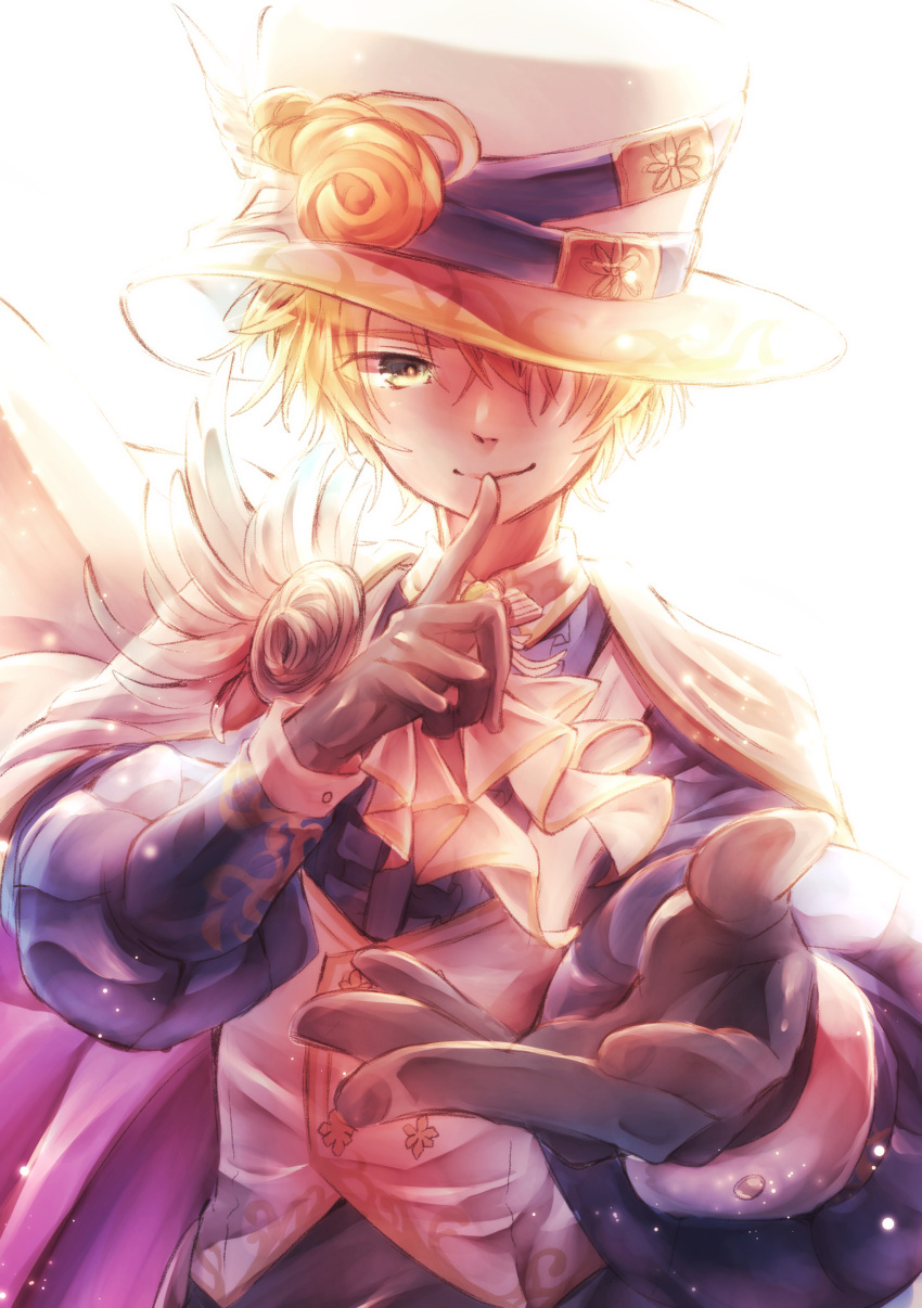 absurdres, ascot, black_gloves, blonde_hair, cape, center_frills, clive_(shironeko_project), feathers, finger_to_mouth, frills, gloves, green_eyes, hat, highres, minoru_(jokerrabbit0729), official_alternate_costume, reaching, reaching_towards_viewer, shironeko_project, short_hair, shushing, top_hat, two-sided_cape, two-sided_fabric, vest, white_cape, white_vest